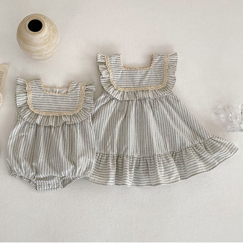 Newborn Toddler Baby Girls Stripe Jumpsuit Summer Sweet Fashion Baby Girls Sleeveless Kids Princess Dress Girls Sister Clothes