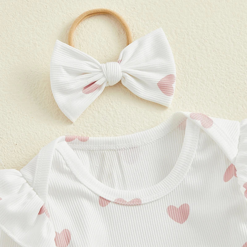 Infant Baby Girls 3Pcs Spring Outfits Heart Print Romper Suspender Skirt Headband Set Newborn Clothes 0-18M