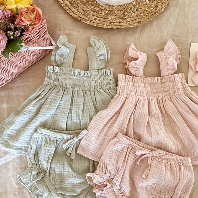 Summer 2023 Baby Girls Suit Set Solid Cotton Linen Casual Square Neck Fly Sleeve Tops+Ruffle Shorts Clothes for Toddler Infant