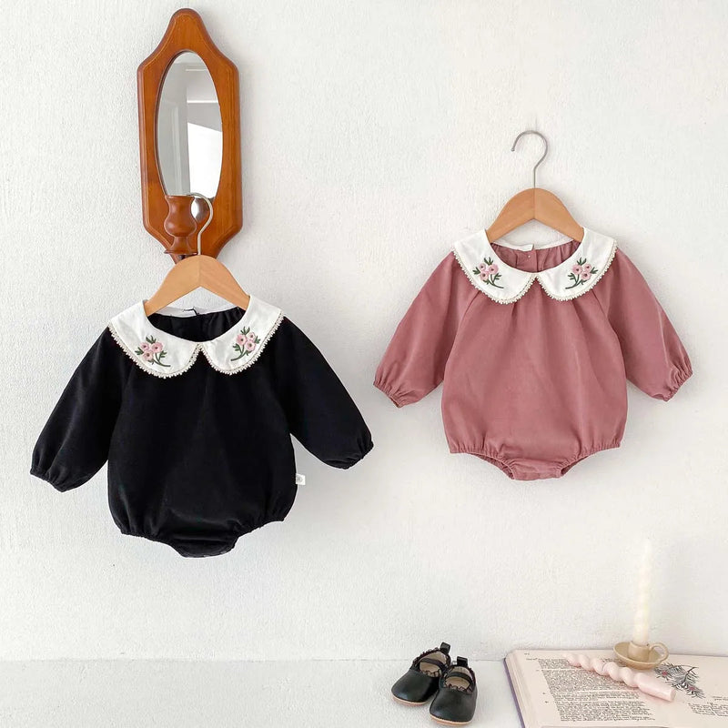 Autumn Infant Bodysuit Newborn Girls Romper Floral Embroidery Lapel Solid Color Long Sleeved Jumpsuit Baby Clothes 0-2 Years Old