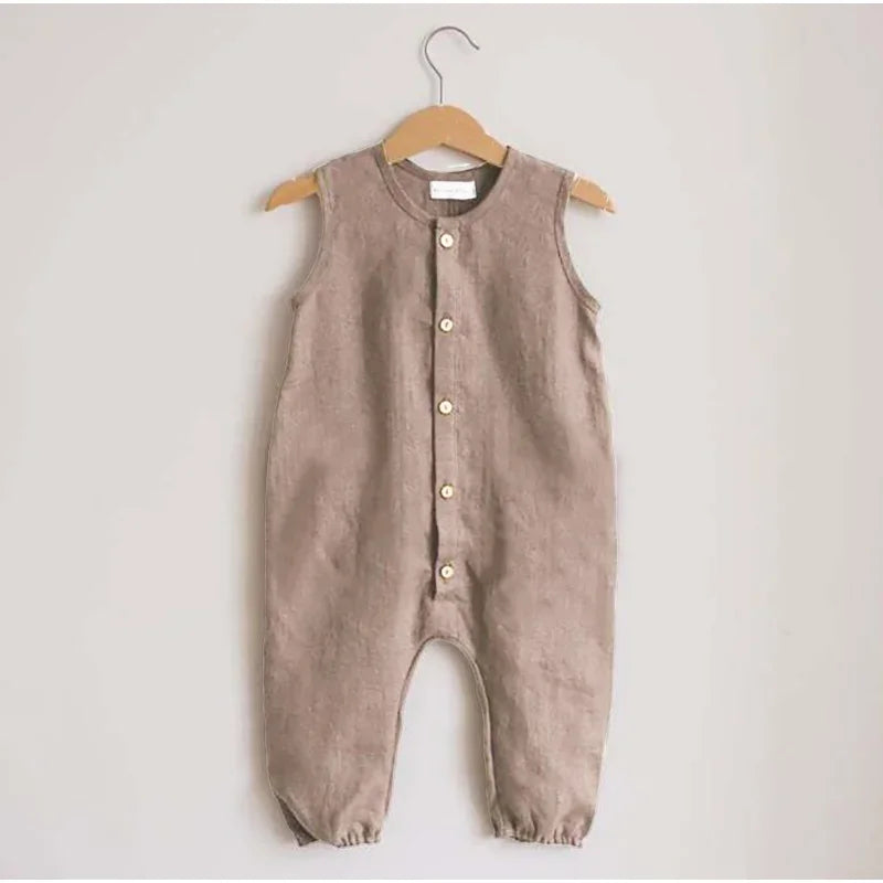 Summer Newborn Baby Boys Romper Infant Solid Cotton Romper Baby Boys Girls Jumpsuit Button Breasted Sleeveless Kids Clothes