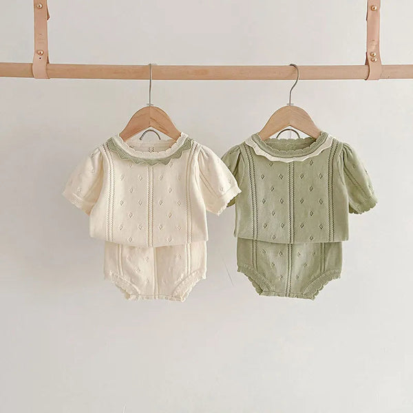 Summer Baby Clothing Set Hollow Out Knit Tee and Shorts 2 Pcs Girls Suit