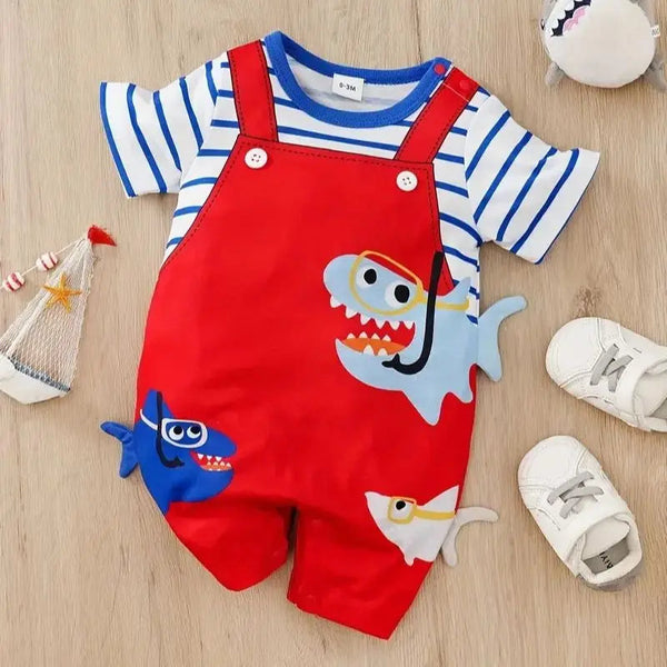 Summer Fashion Baby Jumpsuit Short Sleeved Fake Two-Piece Shark Baby Boy and Girl Jumpsuit