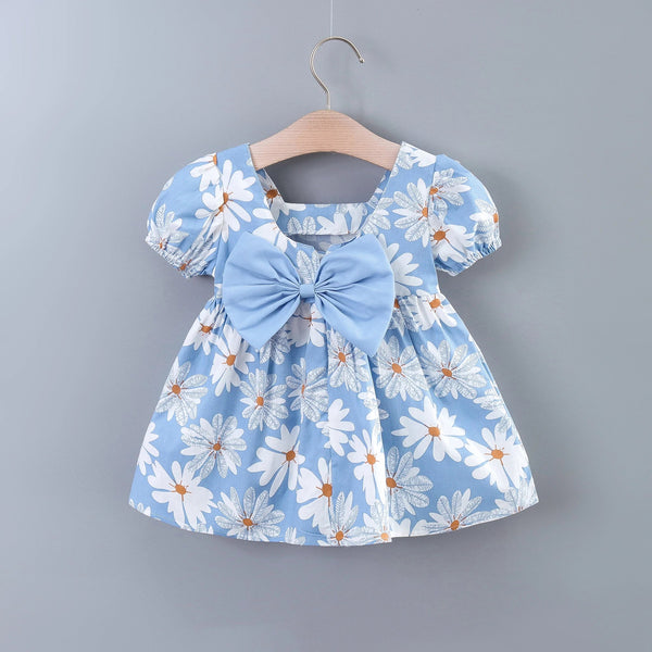 Baby Girls Casual Floral Graphic Print Puff Sleeve Bowknot Back Dress Clothes for Summer