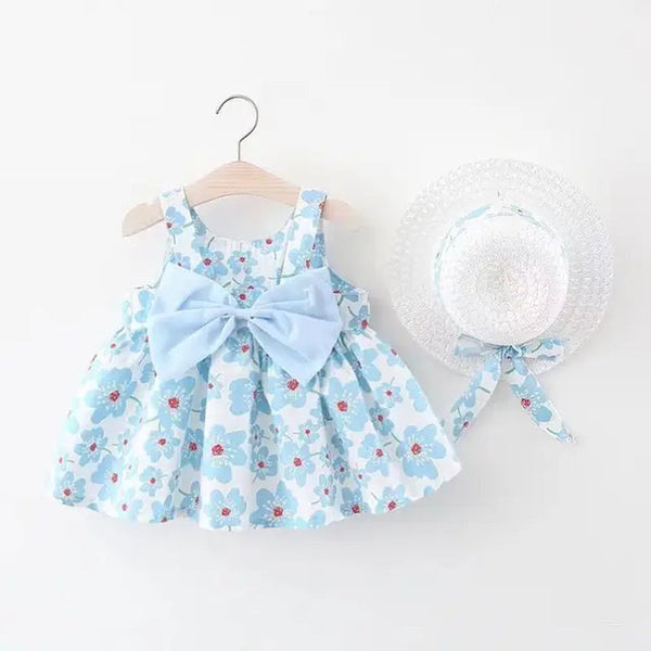 New Girl Floral Dress Sweet Summer Bow Toddler Beach Dress for Children Aged 0 to 3 Newborn Clothing+Hat Set of 2 Pieces