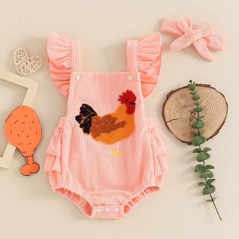 0-12M Lovely Baby Girls Boys Rompers Fuzzy Chicken Embroidery Ruffles Fly Sleeve Backess Jumpsuits with Headband