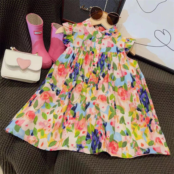 Girls' Dress 2023 Summer New Girls' round Neck Flower Print Flying Sleeve Dress Fashion Children'S Print Dress