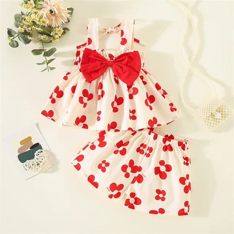 Summer Preschool Girls 0-3 Years Old Sweet Printed Bow Decorative Strap Top and Shorts 2 Pieces/Set