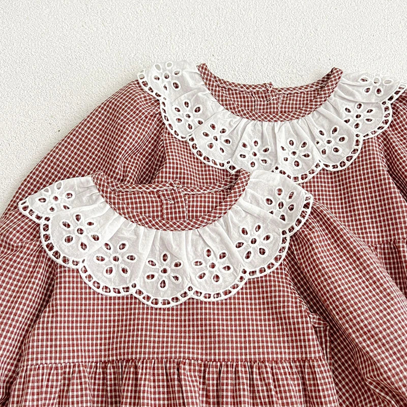 Infant Kids Baby Girls Long Sleeve Lace Collar Grid Sisters Dress Autumn Newborn Kids Baby Girls Princess Clothes Rompers