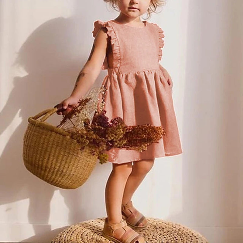 Girl Summer Lovely Dress 0-6Y Toddler Ruffle Sleeve Linen Cotton A-Line Party Dresses for Children Solid Casual Clothing