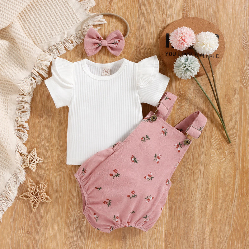 Infant Baby Girl Summer Clothes, Solid Color Fly Sleeve round Neck Tops + Flower Pattern Suspender Jumpsuit + Bow Headband