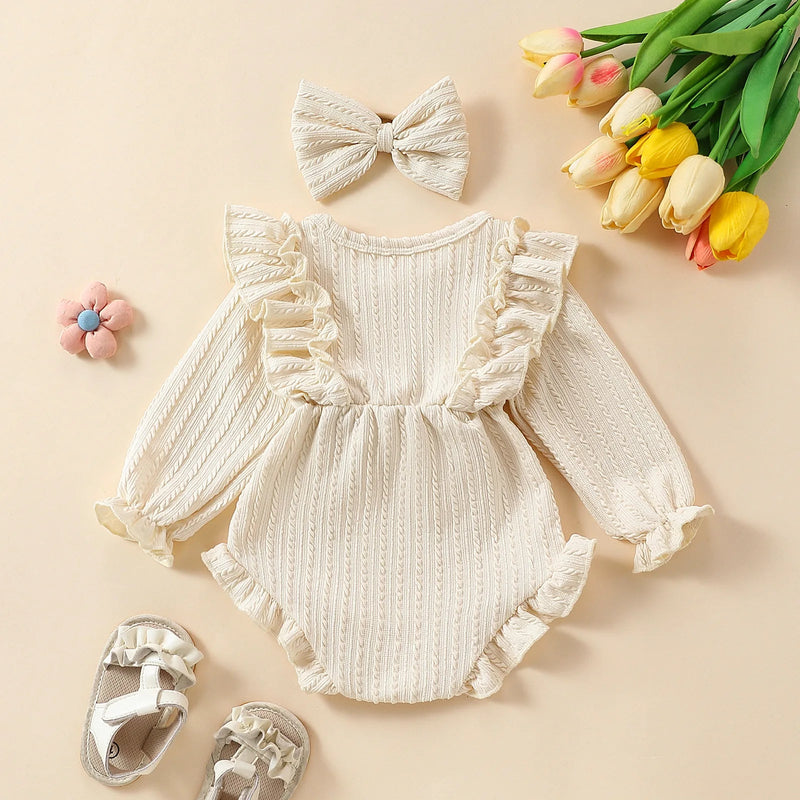 Baby Girls Cute Romper Set with Long Sleeveless Ruffled Tops & Suspender Dress & Bow Headband 2Pcs