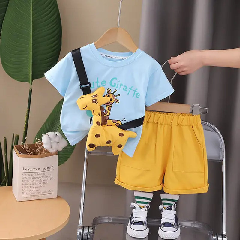 New Boy Summer Newborn Children Clothing 2Pcs/Set Short Sleeve Cartoon T-Shirts Pants with Giraffe Toy Tracksuit Suit 0-5 Years