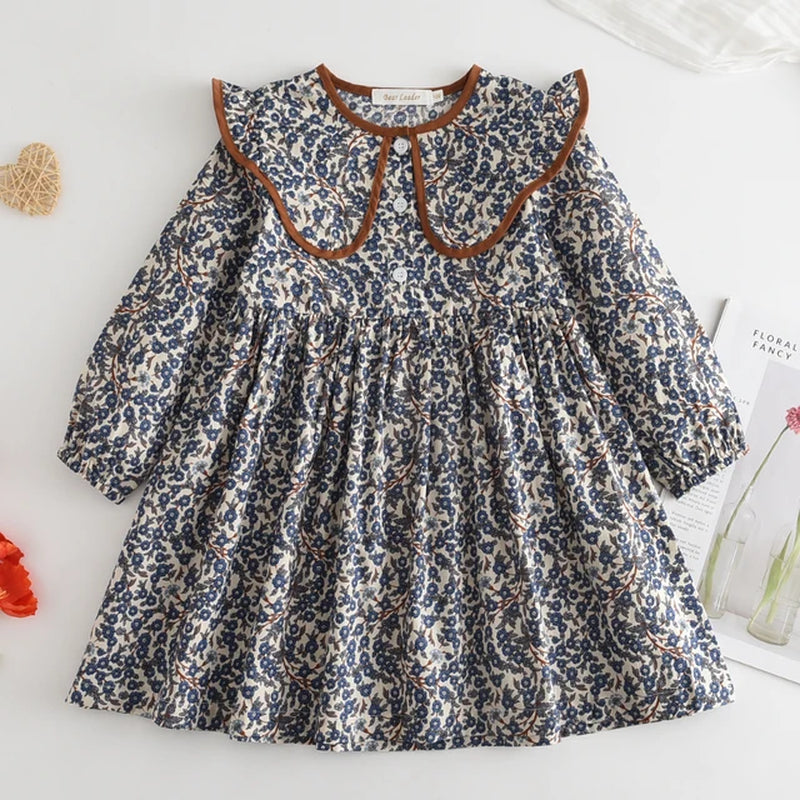 Autumn Spring New Girls' Dress Fashion Cute Doll Neck Flower Print Dress Children'S Girls Long Sleeve Princess Dress