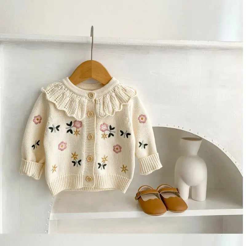 Children'S Cute Knitted Sweater Baby Girl'S Spring Autumn Flower Embroidery Lace Collar Single Breasted O-Neck Cardigan