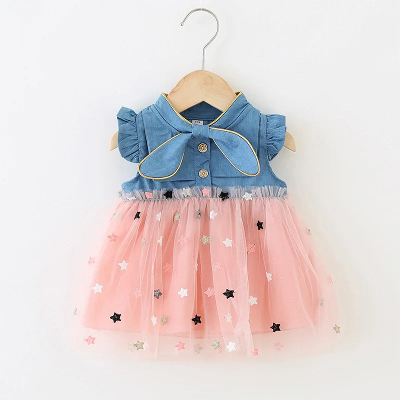 Girls' Summer New Little Flying Sleeve Dress Children'S Cute Bow Denim Splice Gold Plated Mesh Ponchy Skirt