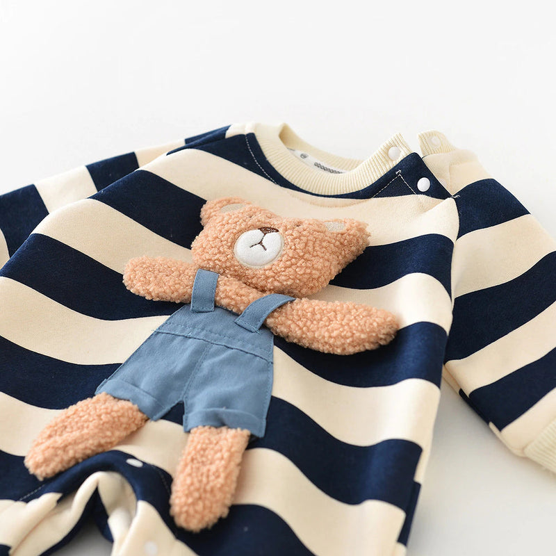 Baby Rompers Thicken Lining Boys Clothes Striped Girls Jumpsuits Bear Outfit