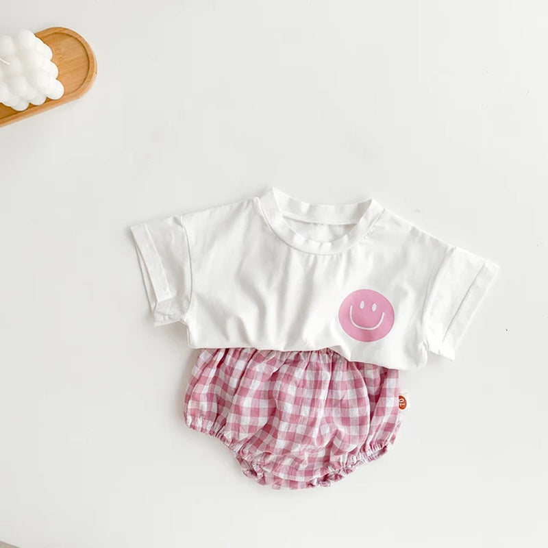 Girls Boys Cotton Smile Face Short Sleeve T-Shirt + Plaid Shorts Two-Pieces Suit Summer Baby Clothes Set