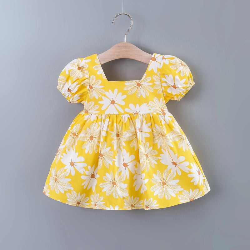 Baby Girls Casual Floral Graphic Print Puff Sleeve Bowknot Back Dress Clothes for Summer