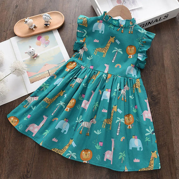 Cartoon Print Baby Girls Princess Dress New Fashion Summer Floral Toddler Kid Party Clothes Children Vestido