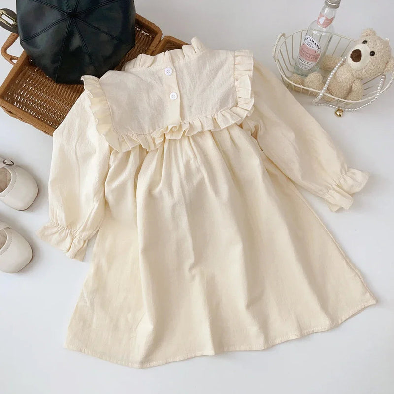 2023 New Spring Autumn Flower Embroidery Design Girls' Dress French round Neck Ruffle Cute Girls' Long Sleeve Skirt