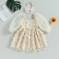 Toddler Baby Girls A-Line Dress Outfits Butterfly Princess Mesh Long Puff Sleeves Dress Headband Kids Party Birthday Clothes