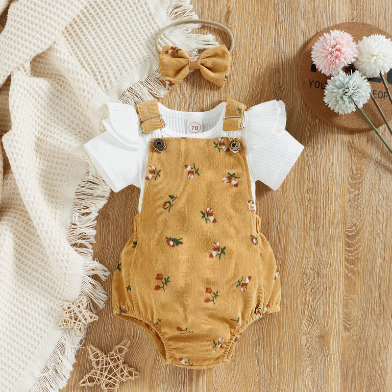 Infant Baby Girl Summer Clothes, Solid Color Fly Sleeve round Neck Tops + Flower Pattern Suspender Jumpsuit + Bow Headband