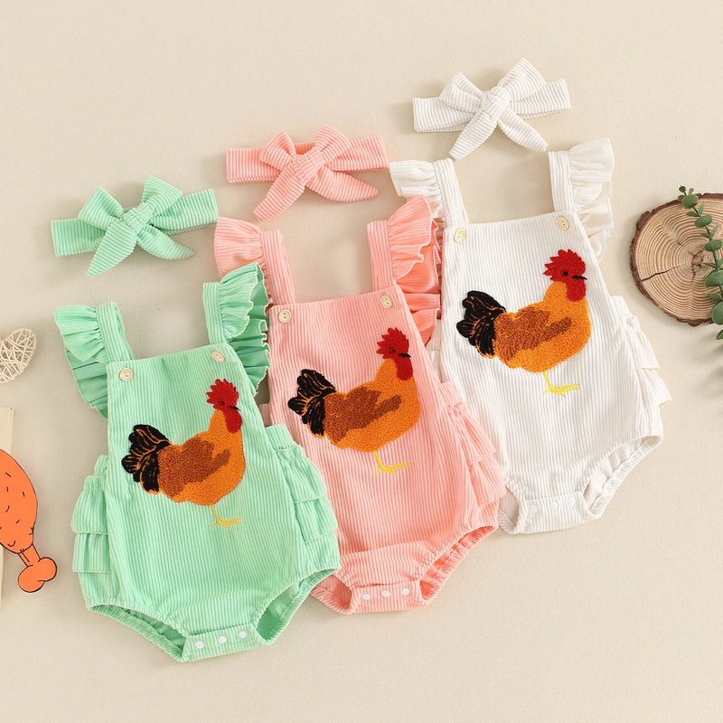 0-12M Lovely Baby Girls Boys Rompers Fuzzy Chicken Embroidery Ruffles Fly Sleeve Backess Jumpsuits with Headband