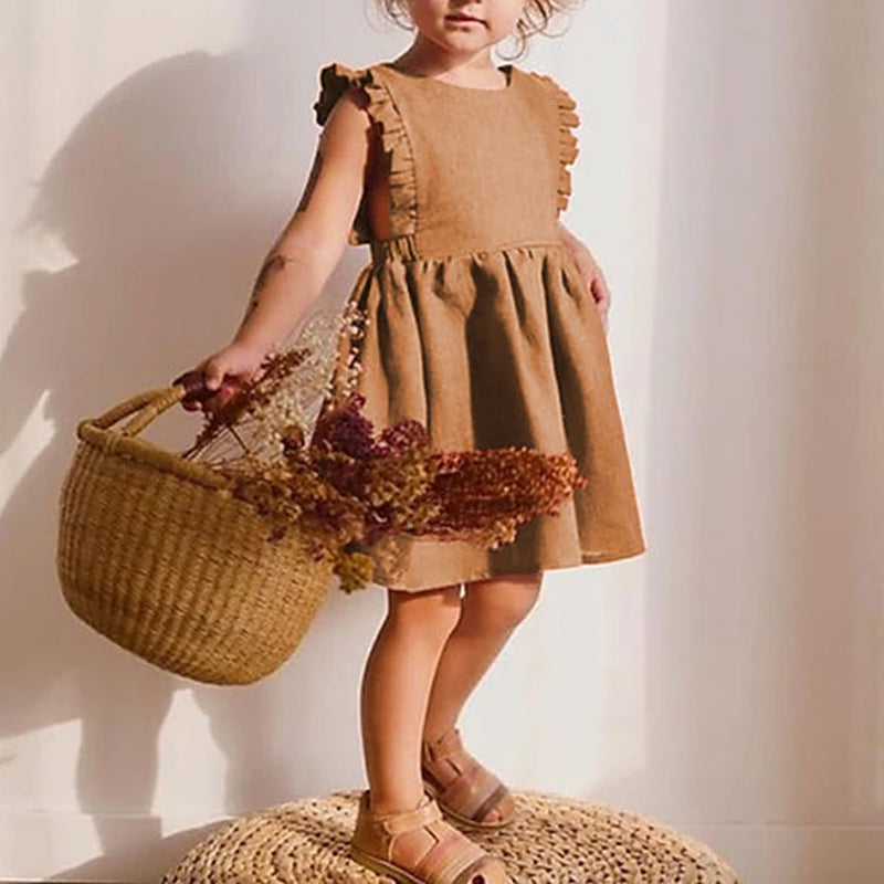 Girl Summer Lovely Dress 0-6Y Toddler Ruffle Sleeve Linen Cotton A-Line Party Dresses for Children Solid Casual Clothing