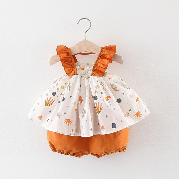 Summer Baby Girls Suit Printed Fly Sleeve Suspender Top Solid Color Shorts Cute Casual Holiday Two-Piece Set