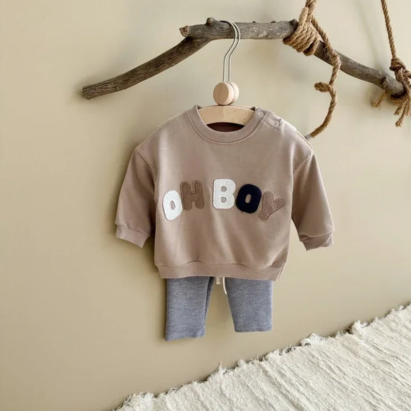 0-24M Baby Boy Clothes Set Newborn Infant Autumn Spring Letter Patch Outfits Tops Pants Casual Infant Clothing