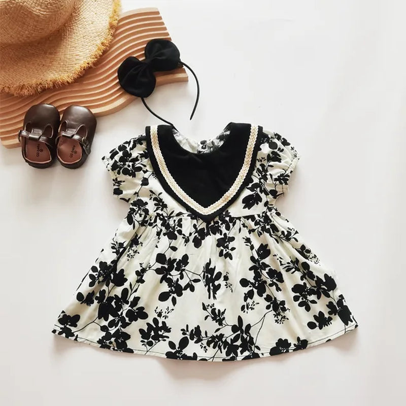 New Summer Family Matching Outfits Short Puff Sleeves Bodysuit+Print round Collar Princess Dress Twins Girl Thin Clothes H2022