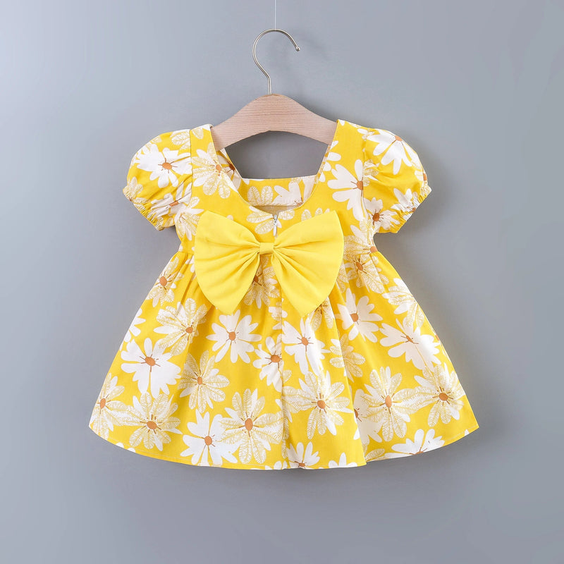 Baby Girls Casual Floral Graphic Print Puff Sleeve Bowknot Back Dress Clothes for Summer