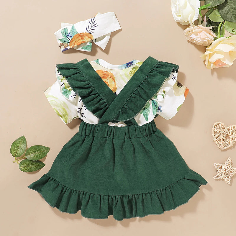 Newborn Baby Girl Clothes Set Cotton Floral Fly Sleeve Romper Solid Ruffle Strap Skirt Bowknot Headband 3 PCS Outfit