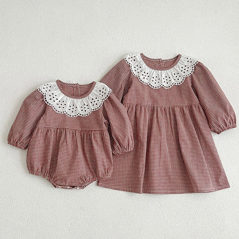 Infant Kids Baby Girls Long Sleeve Lace Collar Grid Sisters Dress Autumn Newborn Kids Baby Girls Princess Clothes Rompers