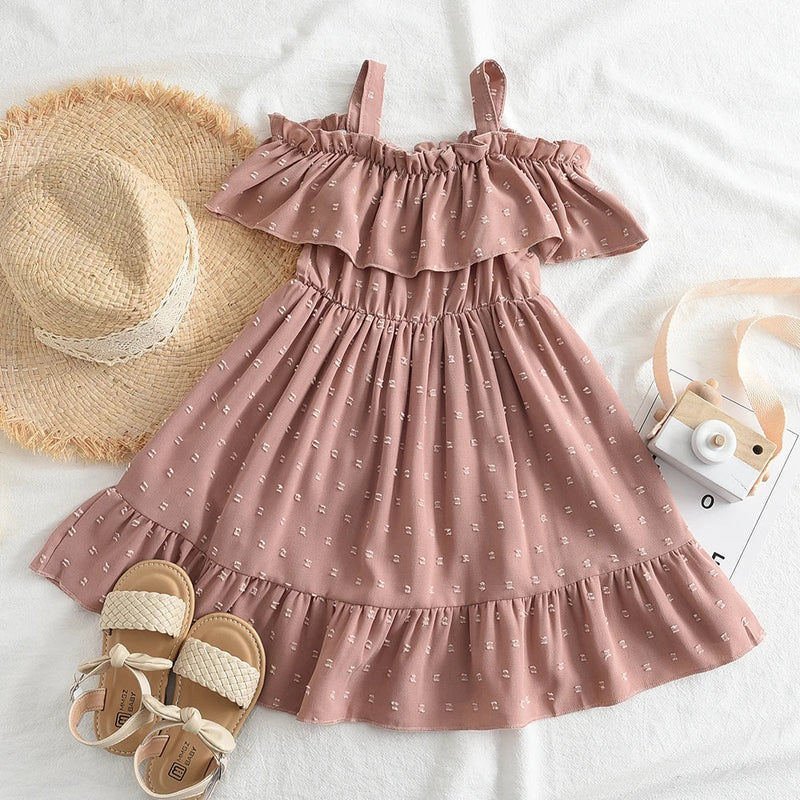 Jacquard Baby Girls Dresses Casual Ruffles Suspender Dress Kids Clothes Solid Color Boat Neck A-Line Princess Dress