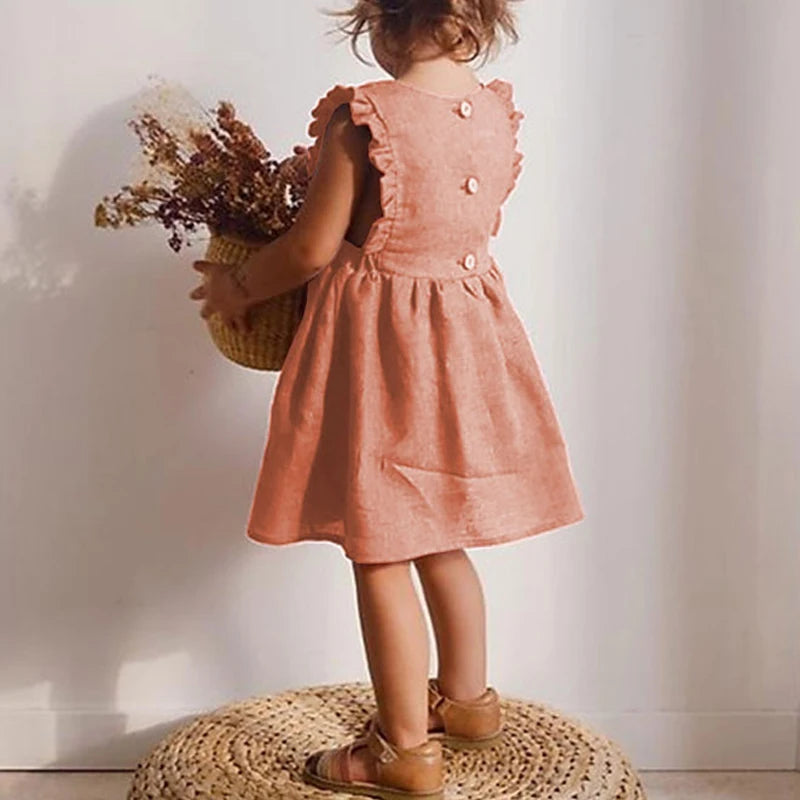 Girl Summer Lovely Dress 0-6Y Toddler Ruffle Sleeve Linen Cotton A-Line Party Dresses for Children Solid Casual Clothing