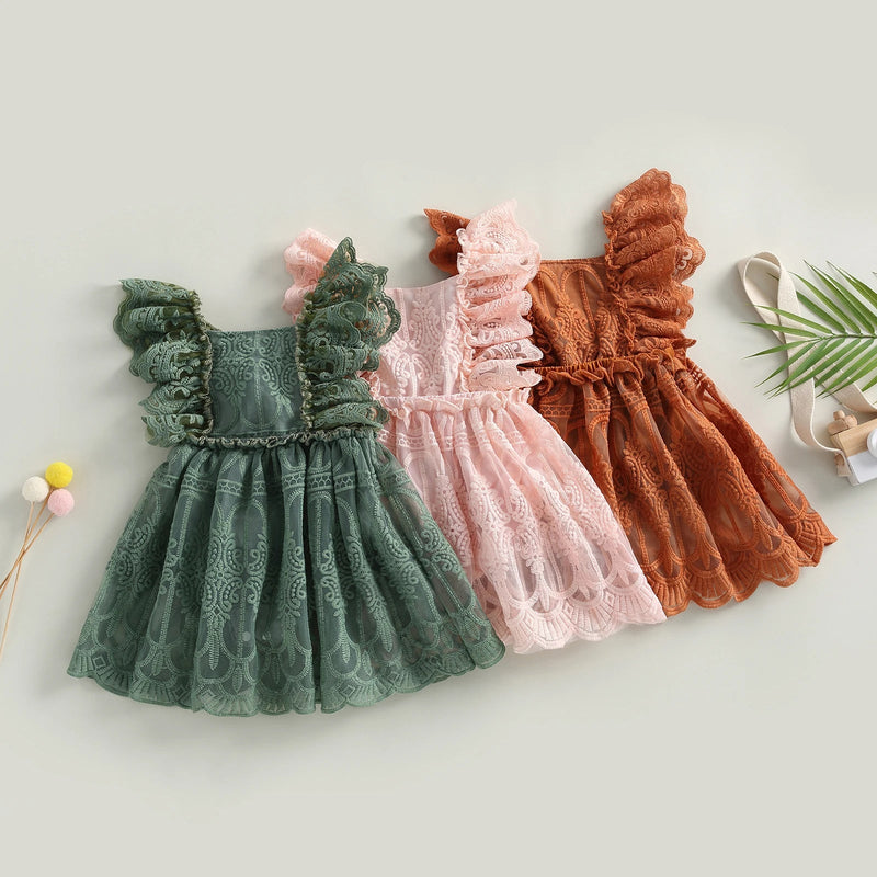 EWODOS Toddler Baby Girls Sweet A-Line Dress Summer Lace Jumpsuit Ruffles Sleeve Backless Solid Color Infant Bodysuit Dresses