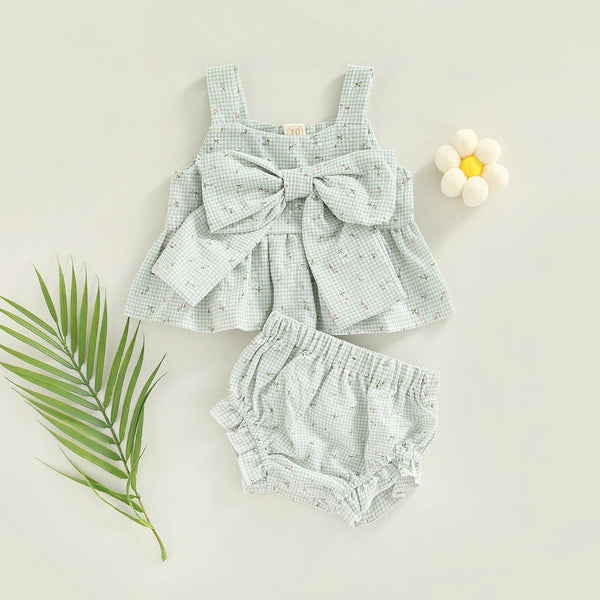 Infant Baby Girl 2 Pcs Outfits Suit Plaid Pattern Floral Printed Bowknot Suspender Tops Shorts Set for Summer