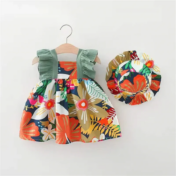 Summer Baby Girl'S Dress New Tropical Flower Flying Sleeve Daily Casual Dress with Hat