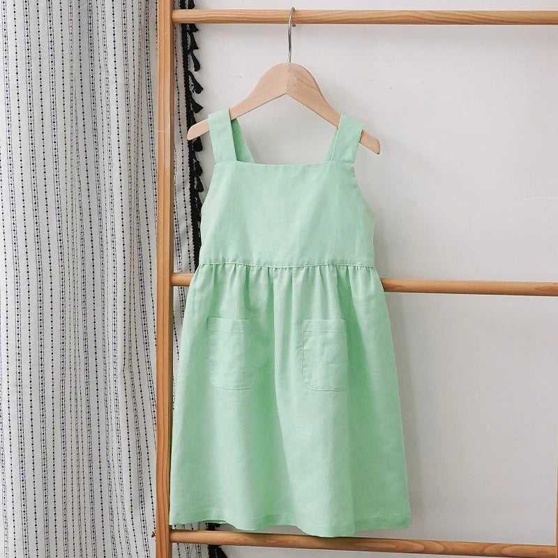 Girls' Cotton and Linen Sleeveless Suspender Dress with Adjustable Shoulder Straps Summer New Casual Pocket Kids Dresses TZ77