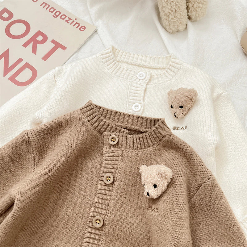 Newborn Baby Girls/Boys Spring and Autumn Knitted Coat Cute Korean O-Neck Travel Cartoon Bear Long Sleeved Fashion Soft Casual