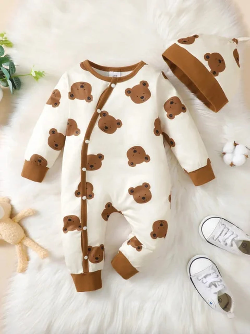 Winter Newborn Infant Baby Boys Romper Bear Print Long Sleeve Button up Front Rompers Kids Onepiece Soft Fashion Baby