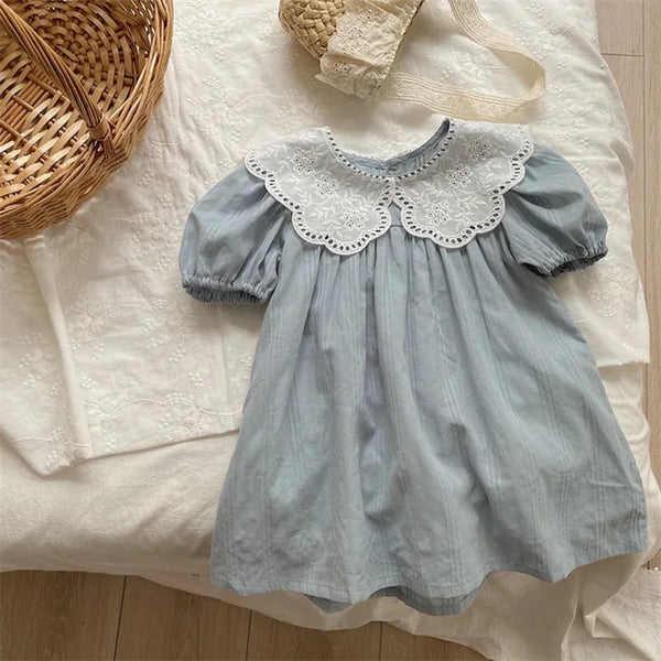 2024 New Summer Baby Girls Princess Dresses Short Sleeve Korean Style Lace Collar Toddlers Kids Cotton Cute Dress