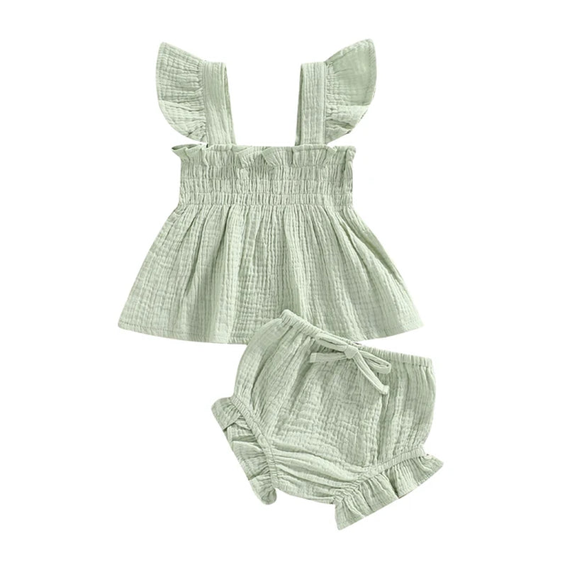 Summer 2023 Baby Girls Suit Set Solid Cotton Linen Casual Square Neck Fly Sleeve Tops+Ruffle Shorts Clothes for Toddler Infant