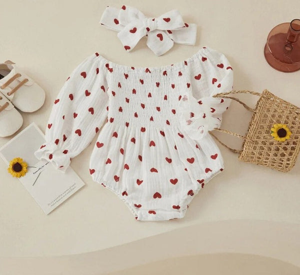 Infant Baby Girls Valentine'S Day Romper Heart Print Long Sleeve Boat Neck Jumpsuits Spring Fall Bodysuits with Headband