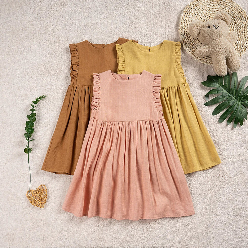 Girl Summer Lovely Dress 0-6Y Toddler Ruffle Sleeve Linen Cotton A-Line Party Dresses for Children Solid Casual Clothing