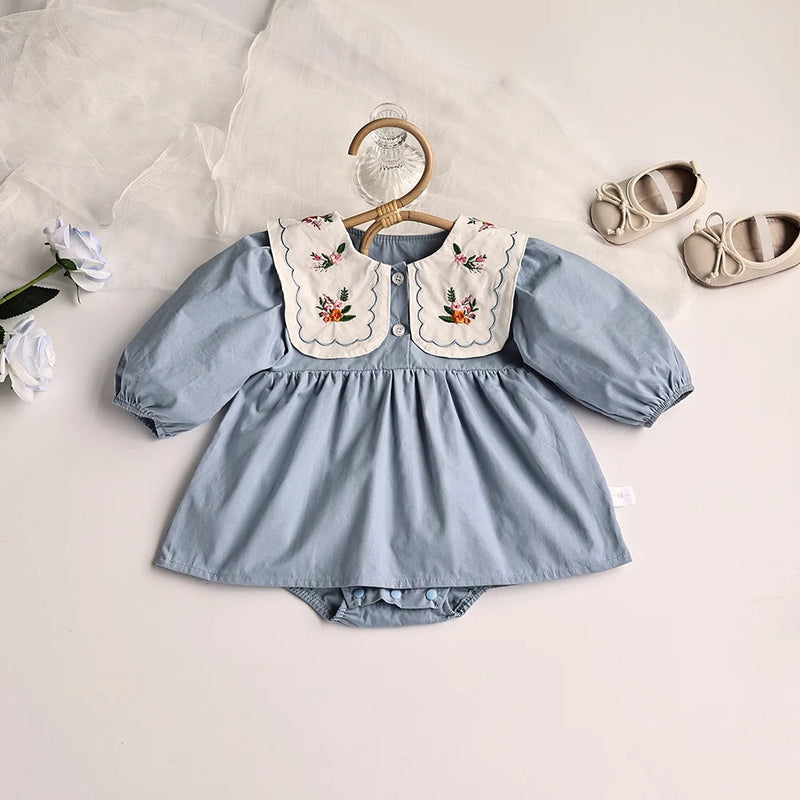 Spring Solid Pleated Baby Bodysuit Toddler Girls Princess Clothes Emboridery Big Collar Infant Clothing