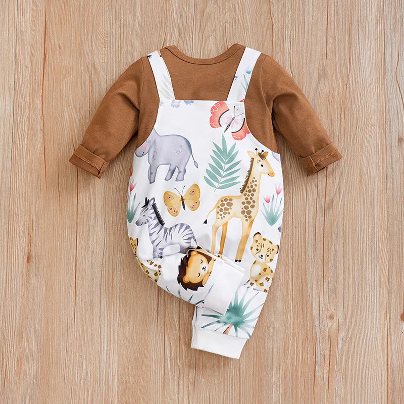 Spring and Autumn Boys and Girls Cute Cartoon Animal Full Print Strap Long Sleeve Baby Bodysuit