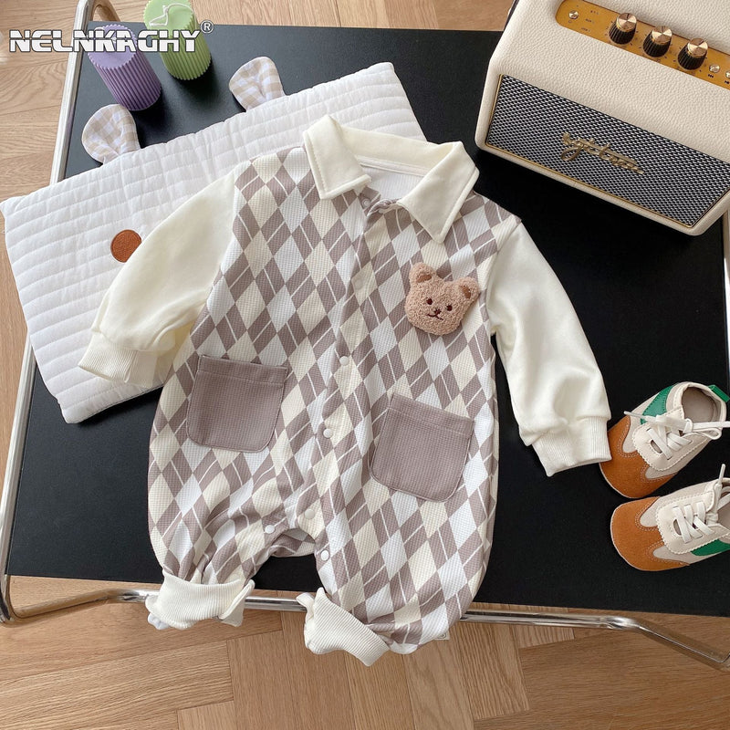 2023 Autumn New in Infant Baby Boys Full Sleeve Plaid Bear Single-Breasted Outwear Newborn Kids Jumpsuits Toddler Romper 0-24M